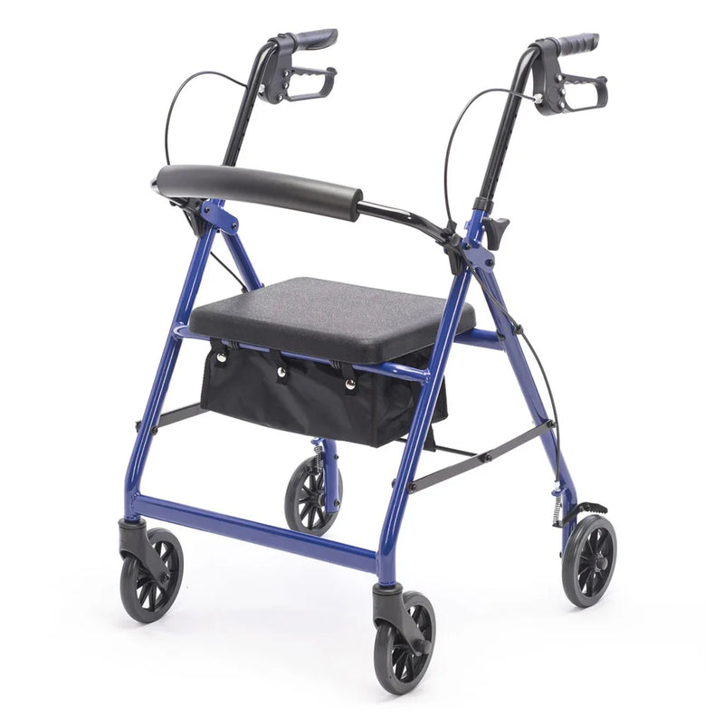 Blue rollator with a black seat on a white background