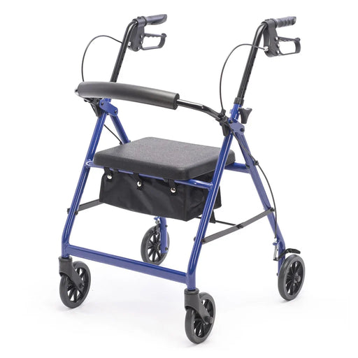 Blue rollator with a black seat on a white background