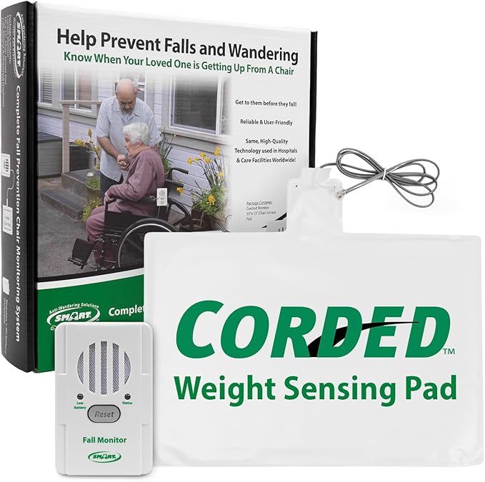 CORDED weight sensing pad with packaging showing a fall prevention monitor system.