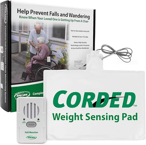 CORDED weight sensing pad with packaging showing a fall prevention monitor system.