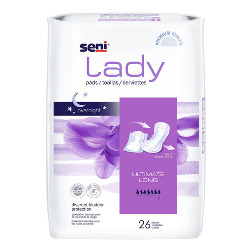 Package of Seni Lady pads with purple and white design on a white background