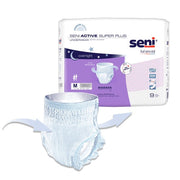 Seni Active Super Plus undergarment packaging with a sample undergarment on a white background