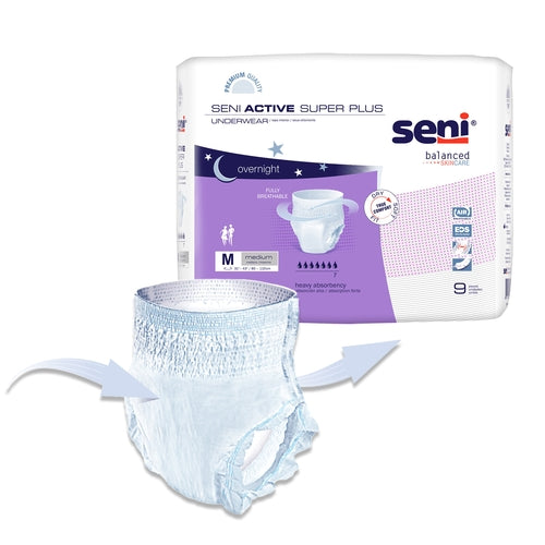 Seni Active Super Plus undergarment packaging with a sample undergarment on a white background