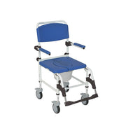 Blue and white commode chair with wheels on a white background