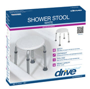 Box of a white shower stool with Drive brand branding