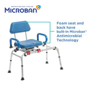 Blue shower seat with backrest and handles, featuring Microban antimicrobial technology on a white background.