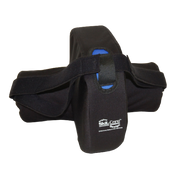 Black neoprene pouch with blue interior on a white background