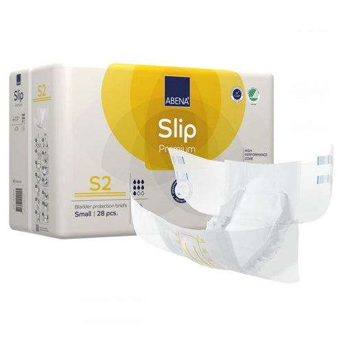 Abena Slip Premium packaging with a sample of the product on a white background
