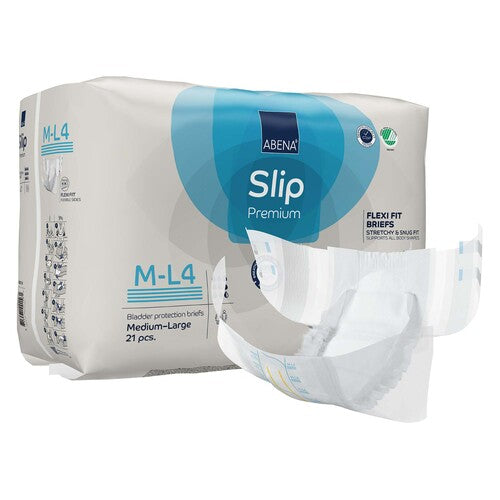 Pack of Abena Slip Premium bladder protection briefs on a white background