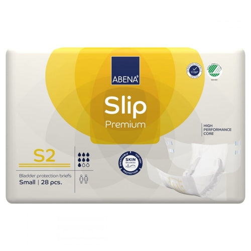 Pack of Abena Slip Premium bladder protection briefs on a white background