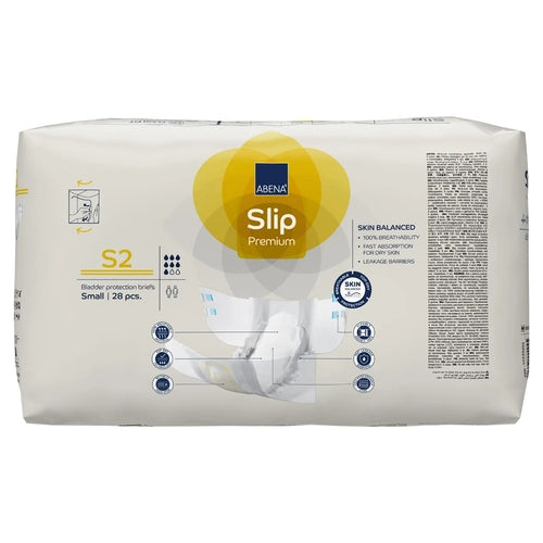 Pack of Abena Slip Premium bladder protection briefs on a white background