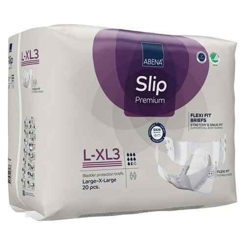 Package of Abena Slip Premium large-X-large bladder protection briefs on a white background