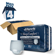 Attends Sleep Comfort premium overnight underwear packaging with a box of 4 on a white background