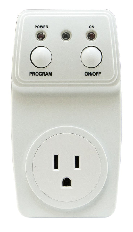 White electrical outlet with control buttons on a white background
