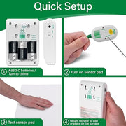 Step-by-step guide for setting up a device with batteries and sensor pad on a green background