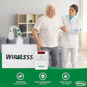 Woman assisting an elderly man with a medical device, featuring the Shure brand on a green banner.