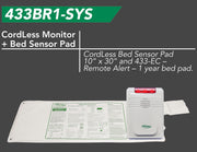 Cordless monitor and bed sensor pad with product details on a gray background