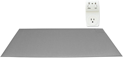 Gray heating pad with a white power outlet on a white background
