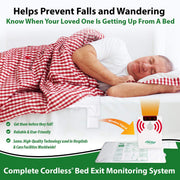 Advertisement for a bed exit monitoring system with a person in bed and product packaging.