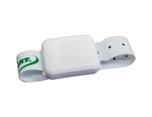 White wristband with green logo on a white background
