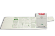 White electronic device with a red light on a white background
