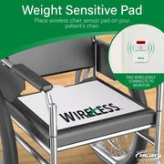 Wheelchair with a weight-sensitive pad labeled 'Wireless' on a green background
