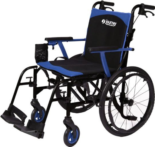 Blue and black wheelchair with 'Journey' branding on a white background