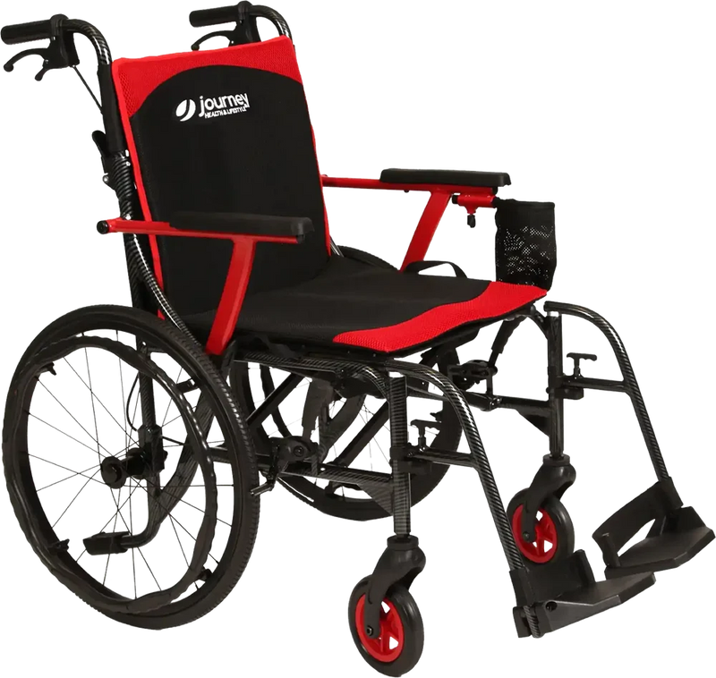 Black and red wheelchair with 'Journey' branding on a white background