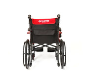Black wheelchair with red seat cover on a white background