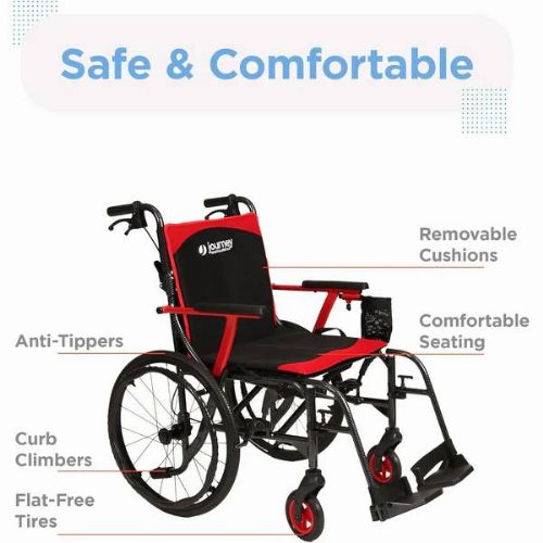 Red and black wheelchair with features highlighted on a white background