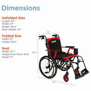 Wheelchair with dimensions labeled on a white background