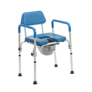 Blue commode chair with metal frame on a white background