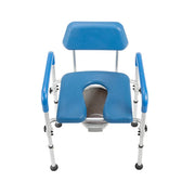Blue commode chair with adjustable backrest on a white background