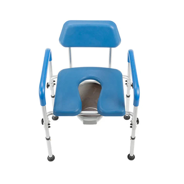 Blue commode chair with adjustable backrest on a white background