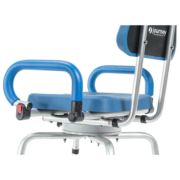 Blue and silver adjustable chair with 'journey' branding on a white background