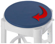 Round blue object with a red arrow on top, mounted on a white stand.