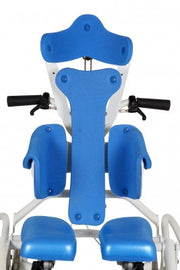 Blue and white medical chair with headrest and armrests on a white background