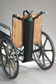 Wheelchair with a black oxygen tank holder attached to the backrest.