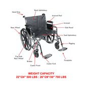 Diagram of a wheelchair with labeled parts and weight capacity information.