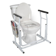 Toilet safety frame with handles and magazine holder attached to a white toilet on a white background