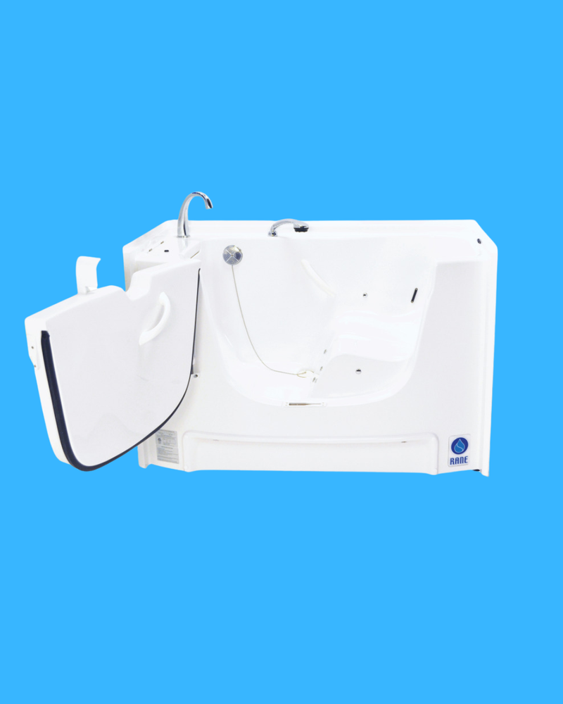 White tub with a blue background