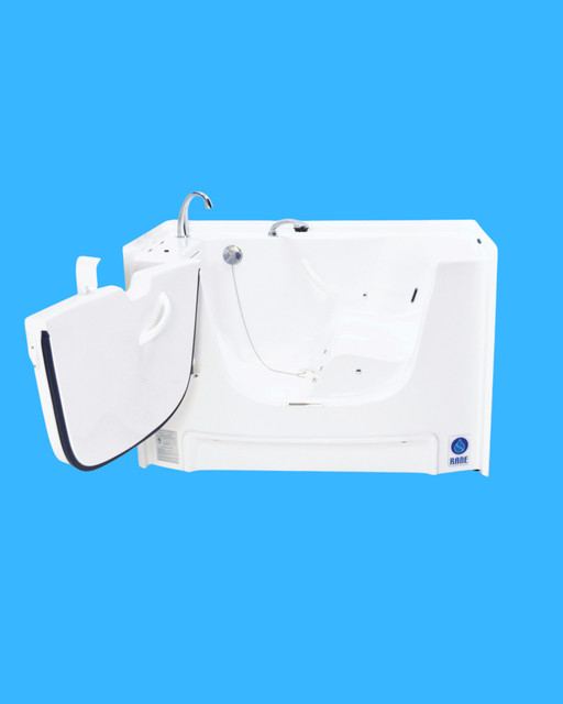 White tub with a blue background