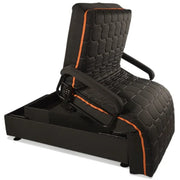 Black quilted upbed with orange accents on a white background