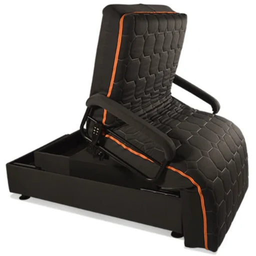 Black quilted upbed with orange accents on a white background
