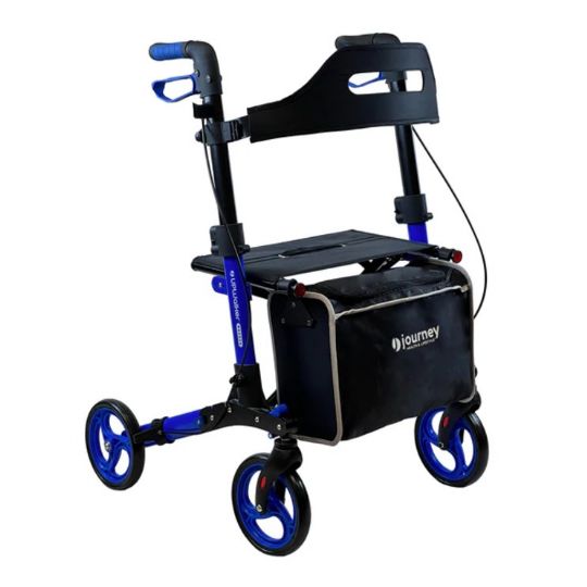 Rollator with blue wheels and black seat on a white background