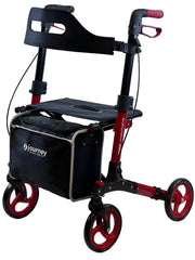 Black and red rollator with a seat on a white background