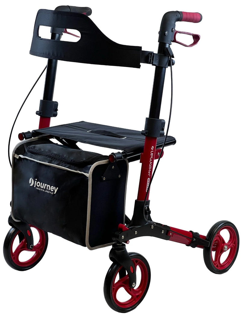 Black and red rollator with a seat on a white background