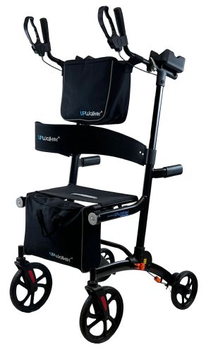 Black rollator with seat and armrests on a white background