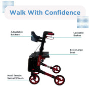 Red and black walker with features highlighted on a white background