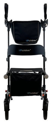 Black UPWalker stair climbing walker with a bag on a white background
